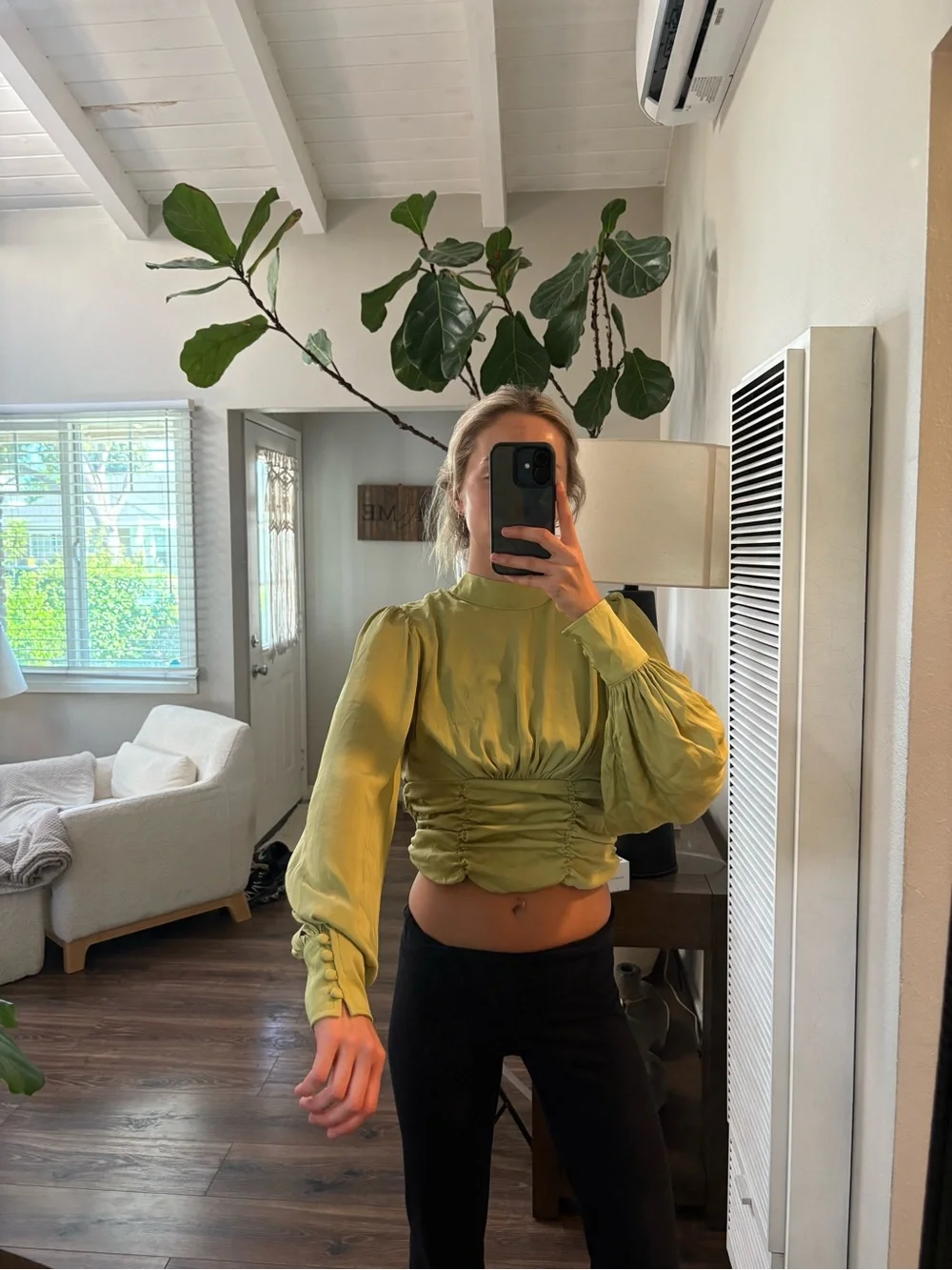 Free People Olive Green Ruched Waist Long-Sleeve Blouse